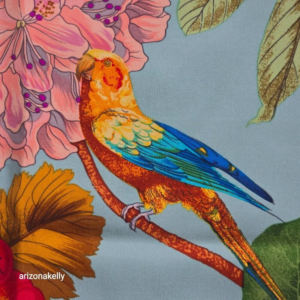 Vintage Silk Scarf Parrots Bird Hand Rolled Edges
